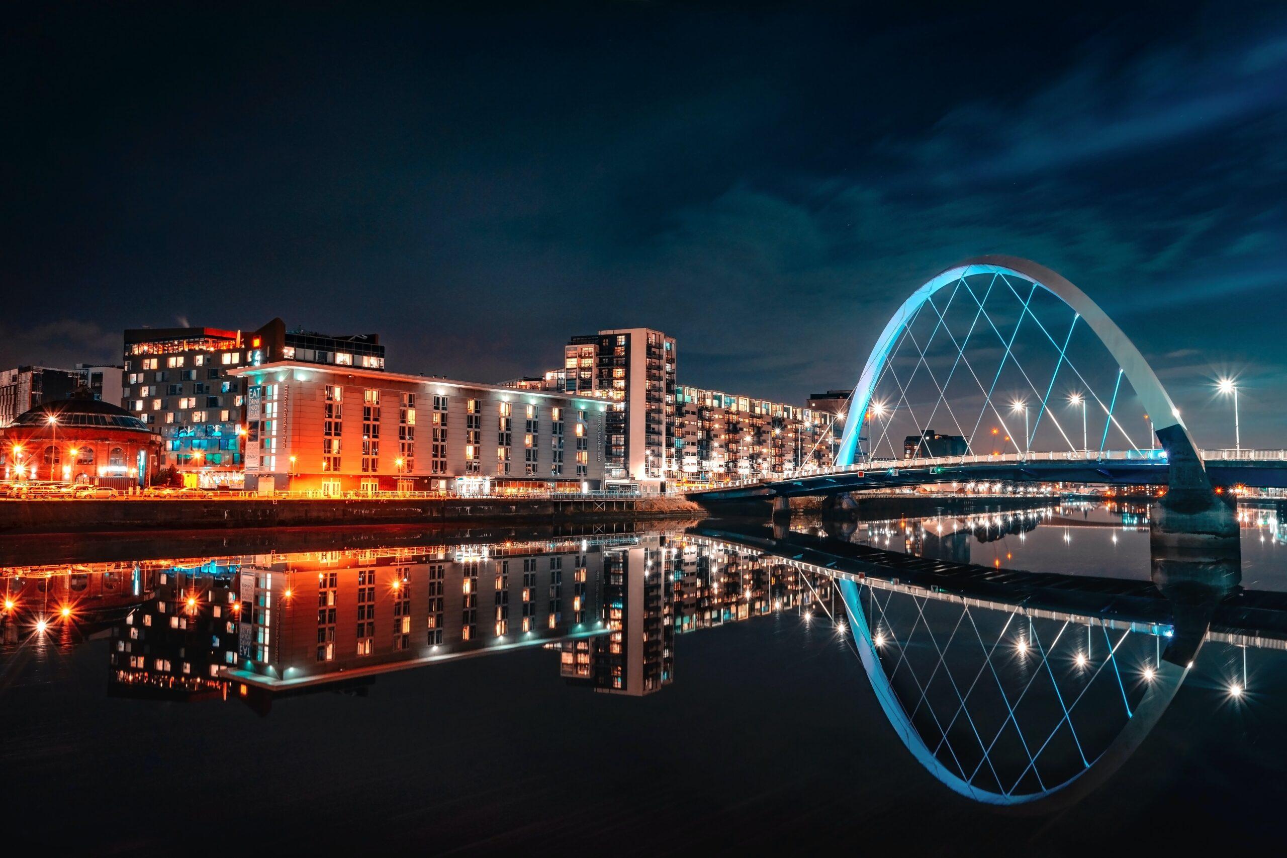 Glasglow Clyde Arc Bridge at night with lights